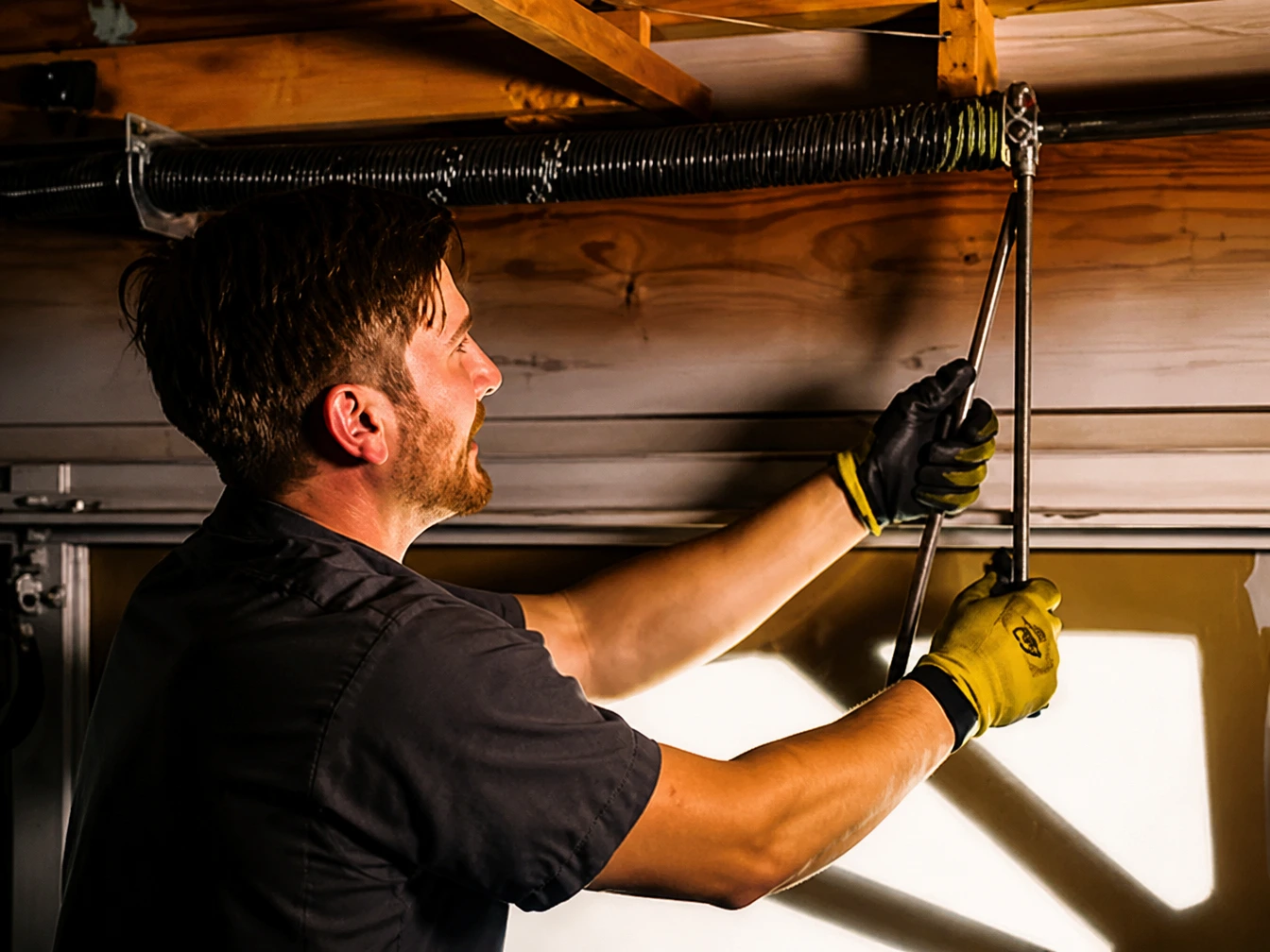 Garage door technician inspecting a torsion spring on a Madison area home